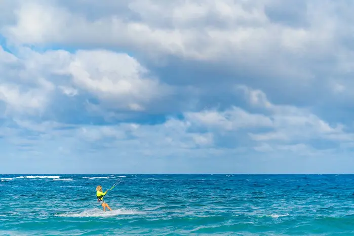 Kitesurfer on the windy coast of Boca Grandi