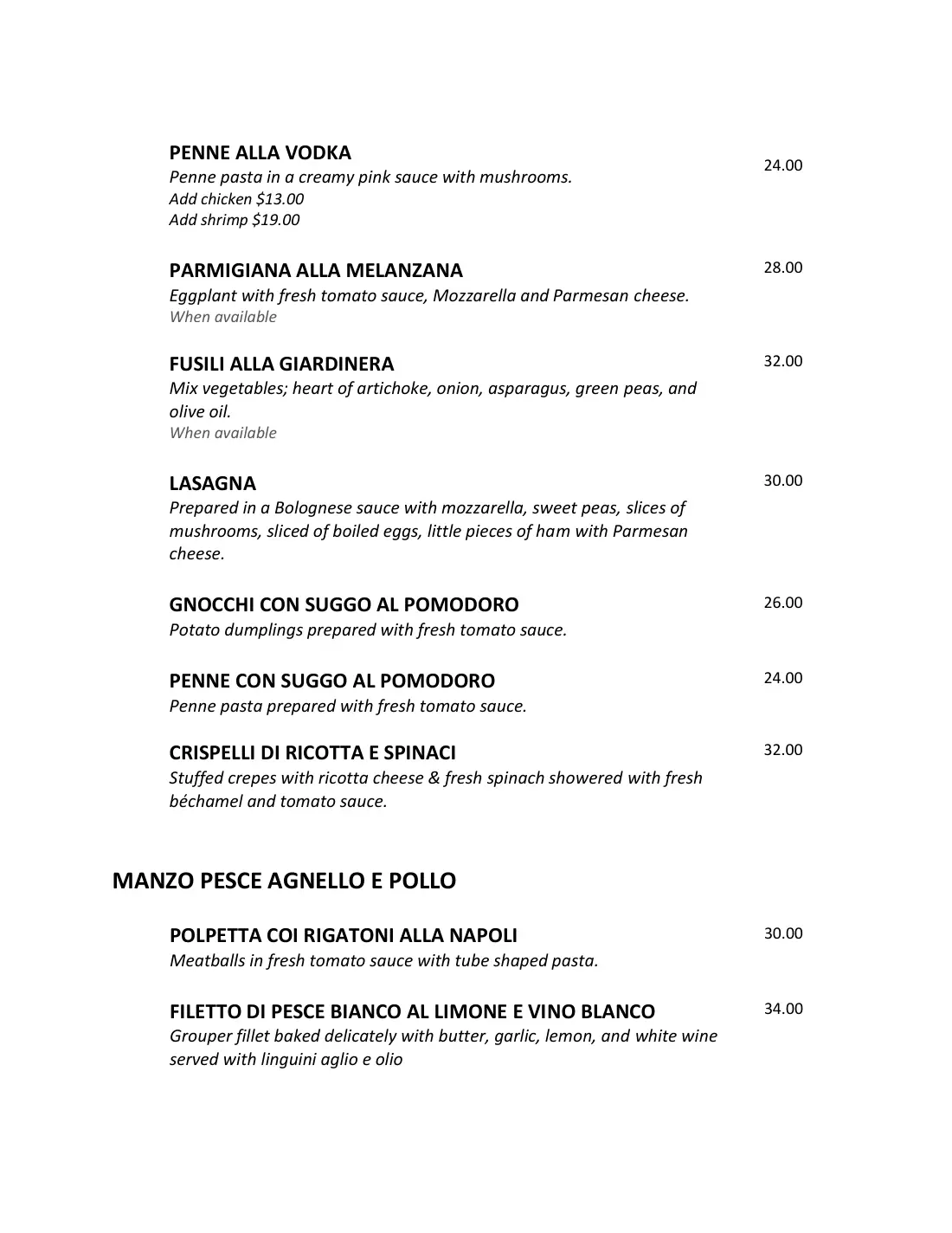 Agrigento Ristorante Italiano menú