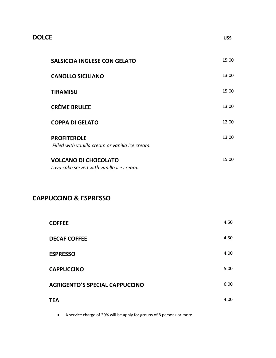 Agrigento Ristorante Italiano menú