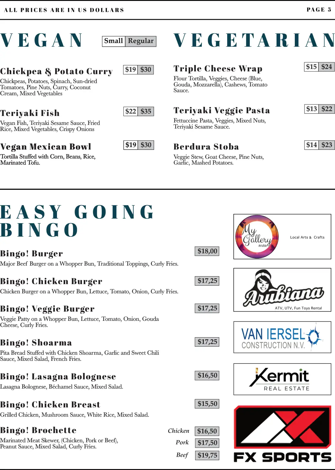 Bingo Cafe and Restaurant menú