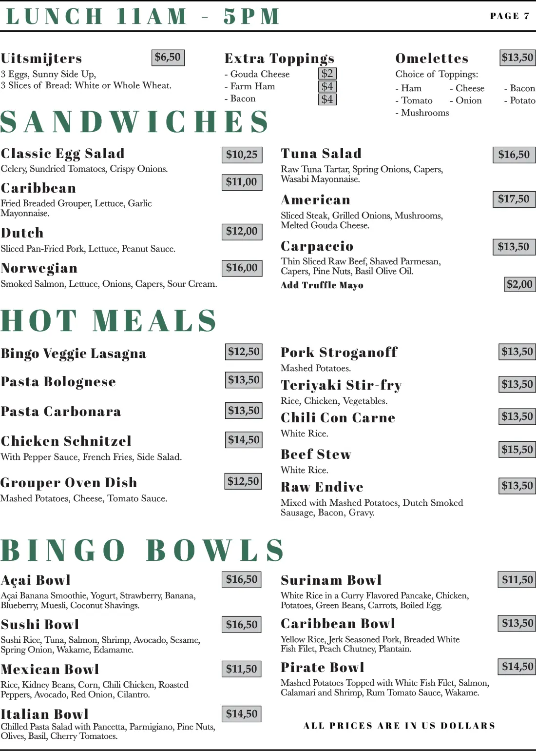 Bingo Cafe and Restaurant menú
