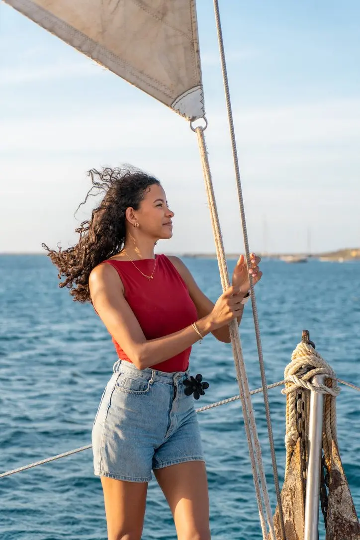 Talitha at the front of the Delphi catamaran